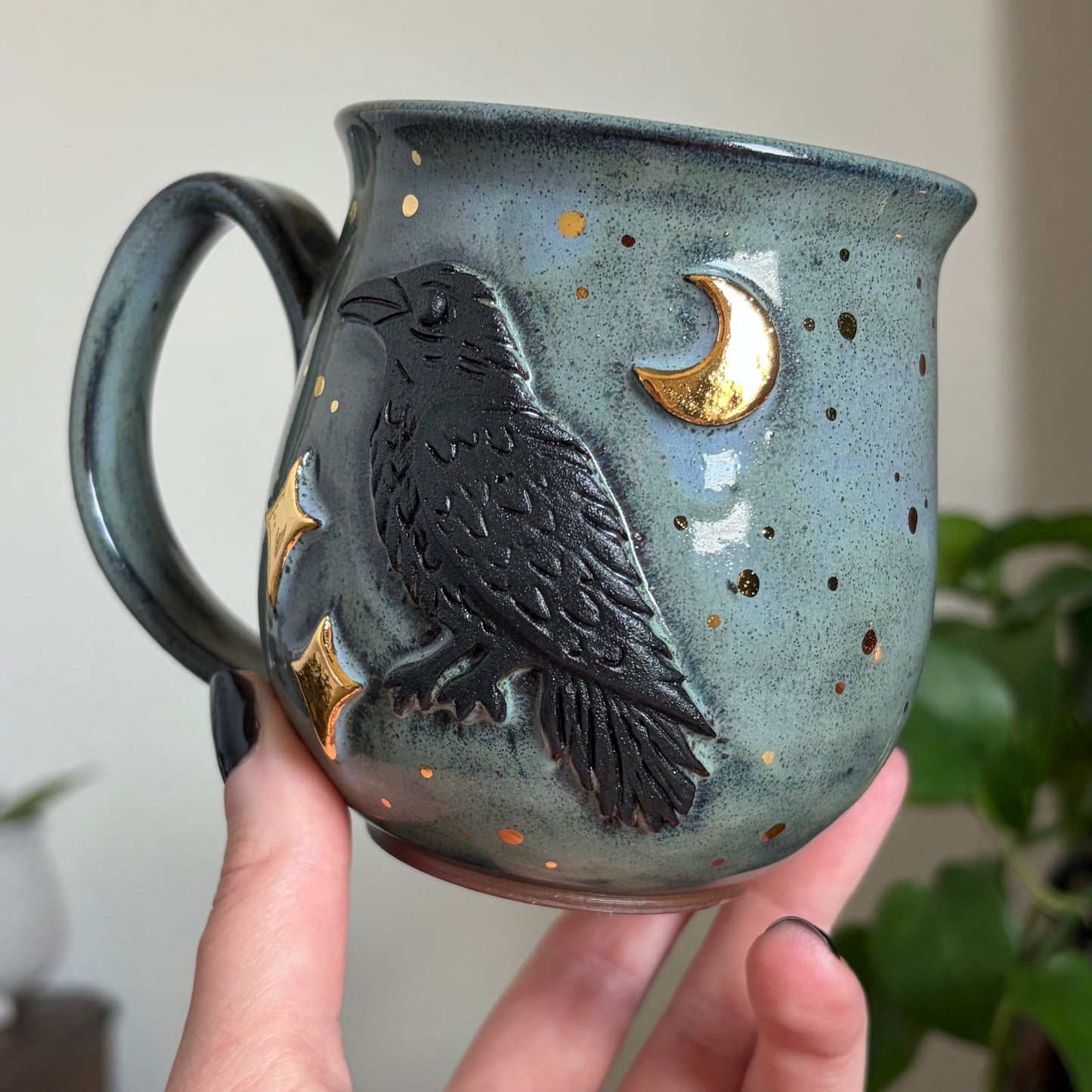 Raven + Stars Mug • Drippy Moody Blue Glaze • 13 fl oz