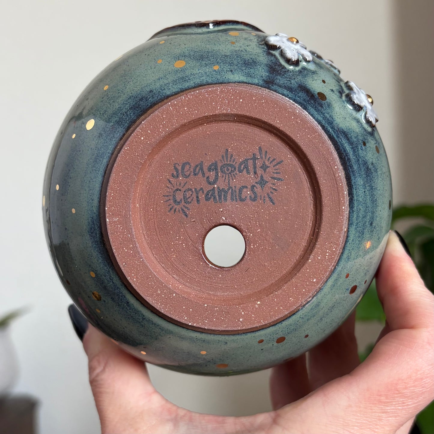 Strawberry + Flowers Medium Planter • Moody Blue Glaze • Drainage