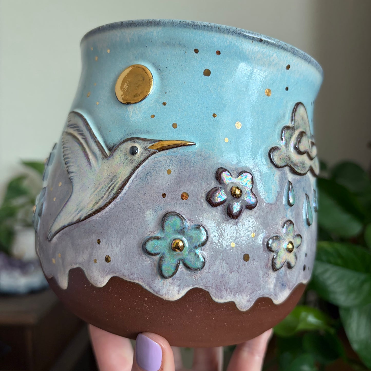 Hummingbird + Rain Clouds Wrap Around Design Large Planter • Drippy Cotton Candy Sky Glaze • Drainage