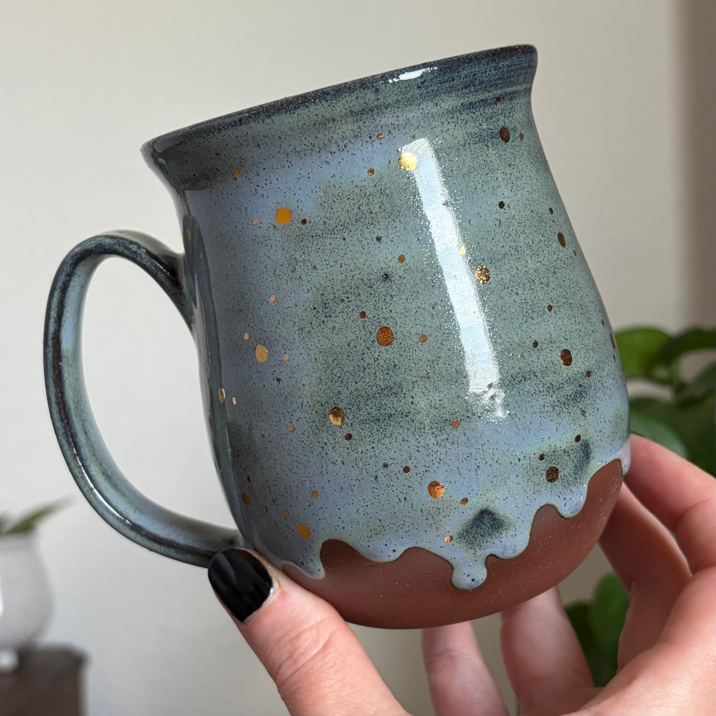 Strawberry + Flowers Mug • Drippy Moody Blue Glaze • 18 fl oz