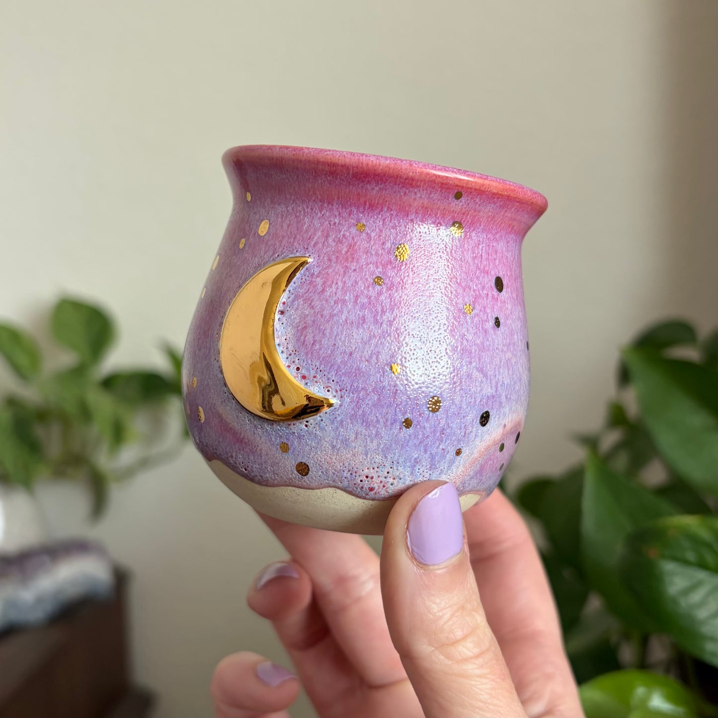 Crescent Moon Mini Planter • Drippy Electric Cosmos Glaze • Drainage