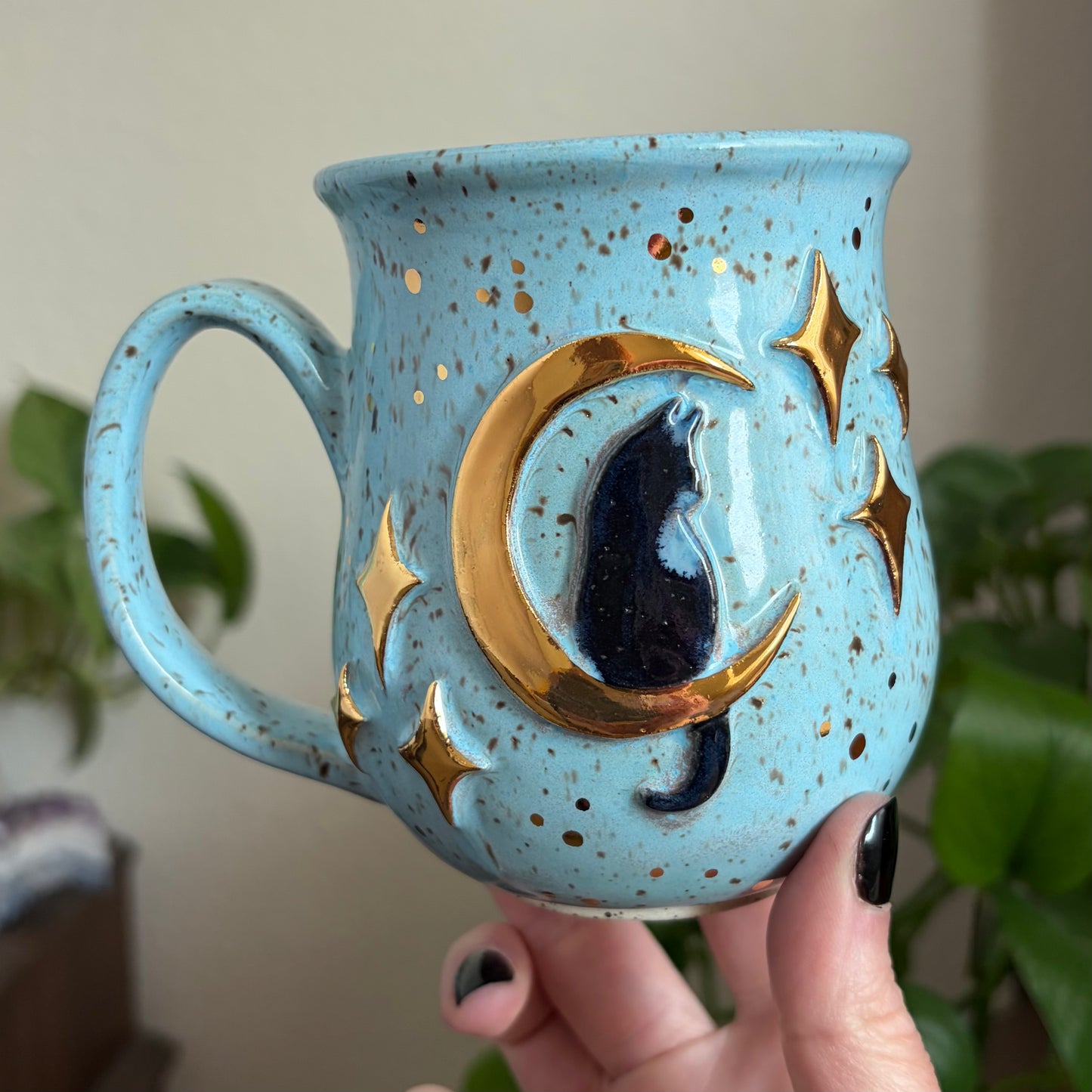 Cat in the Moon + Stars Mug • Sky Glaze • 15 fl oz