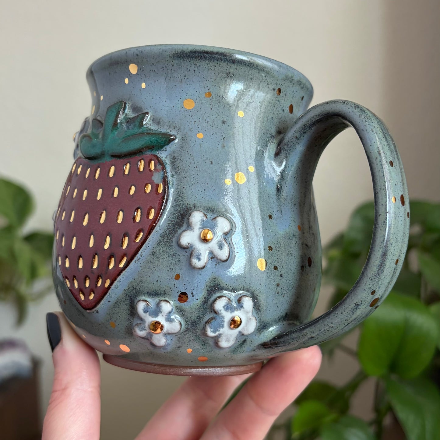 MADE-TO-ORDER • Dark & Moody Strawberry + Flowers Mug • Moody Blue Glaze *READ FULL DETAILS*