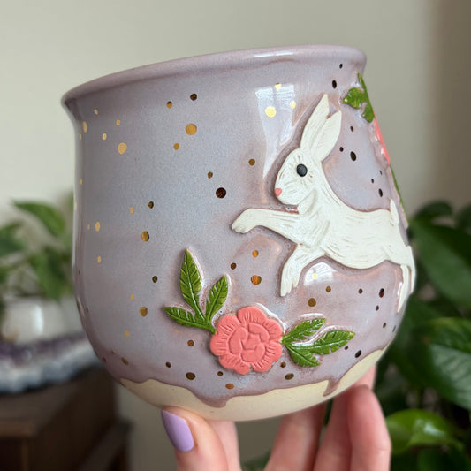Hare + Peonies Medium Planter • Drippy Lavender Haze Glaze • Drainage
