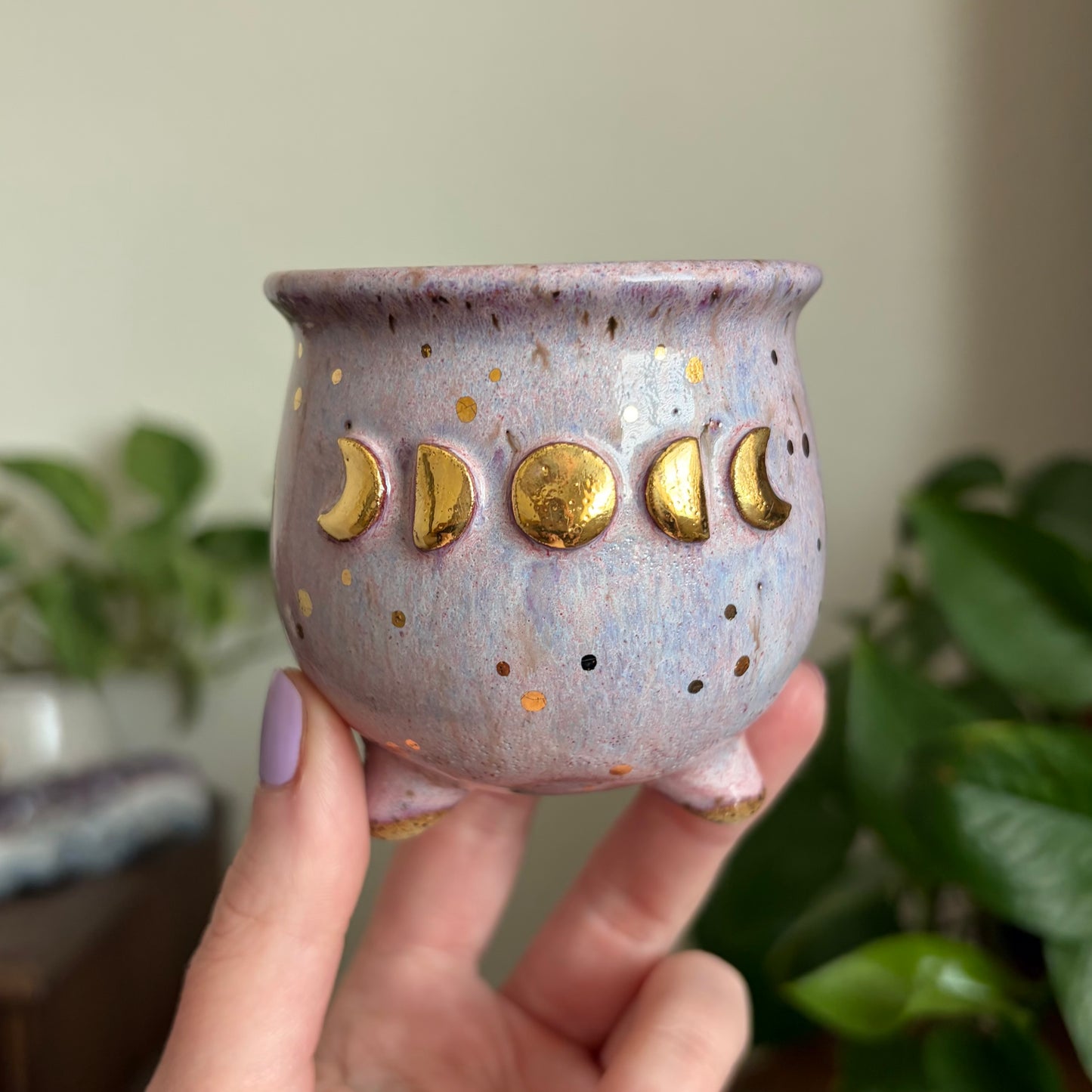Moon Phase Cauldron Mini Planter • Dusty Pink Glaze • Drainage