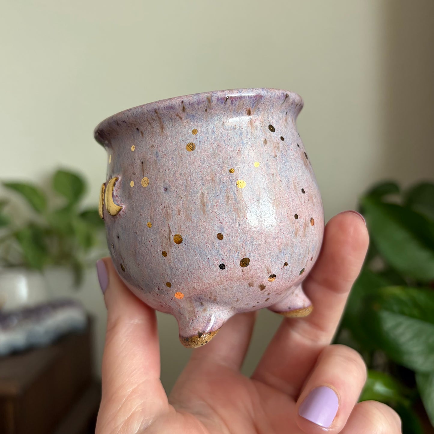 Moon Phase Cauldron Mini Planter • Dusty Pink Glaze • Drainage