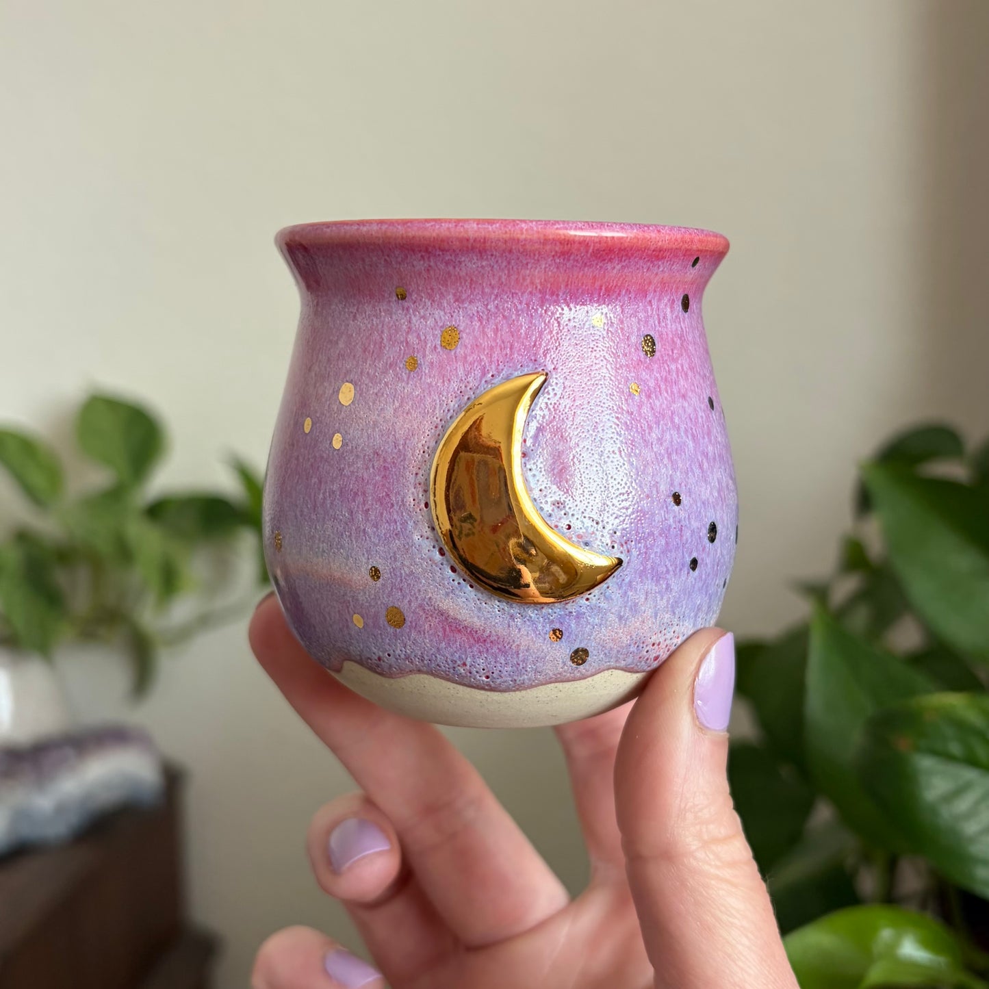 Crescent Moon Mini Planter • Drippy Electric Cosmos Glaze • Drainage