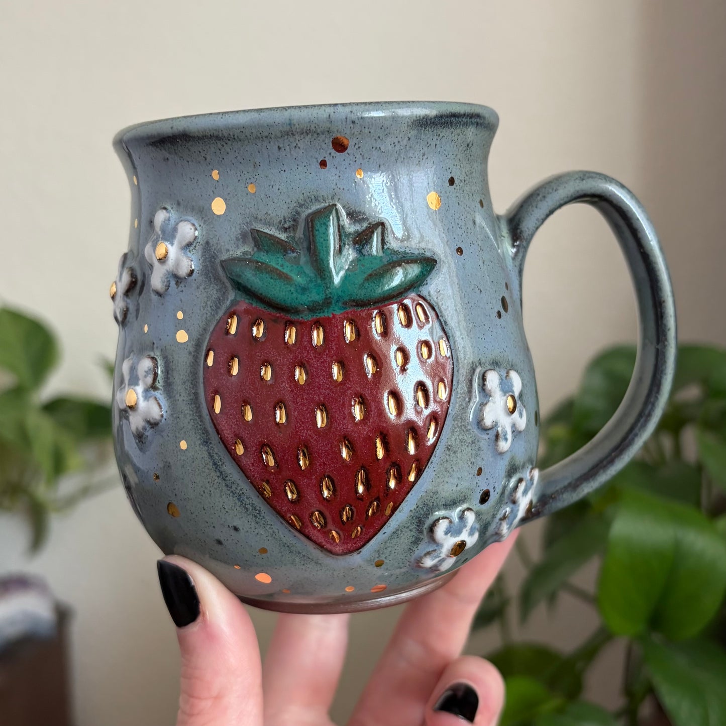 Strawberry + Flowers Mug • Blue Glaze • 15 fl oz
