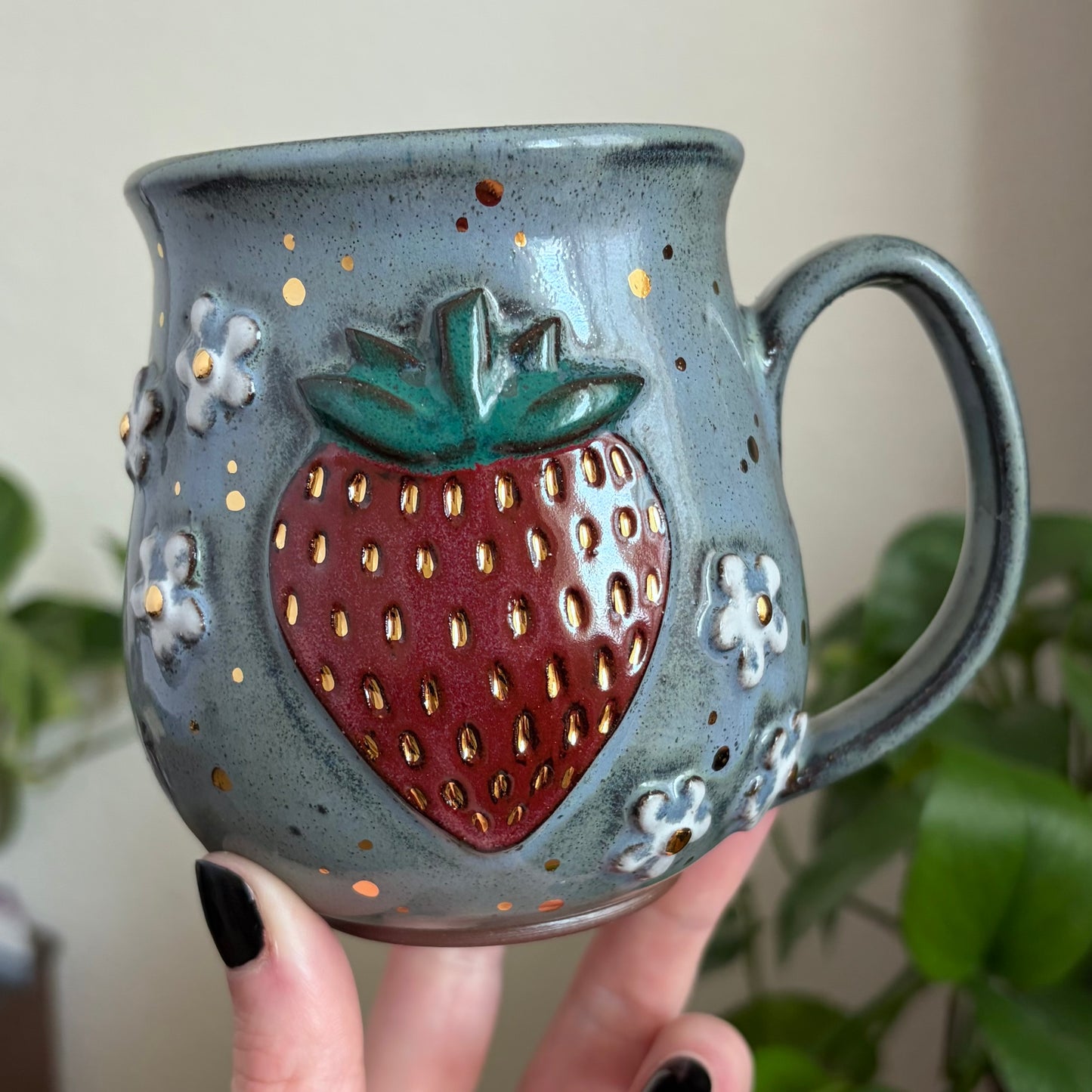 MADE-TO-ORDER • Dark & Moody Strawberry + Flowers Mug • Moody Blue Glaze *READ FULL DETAILS*