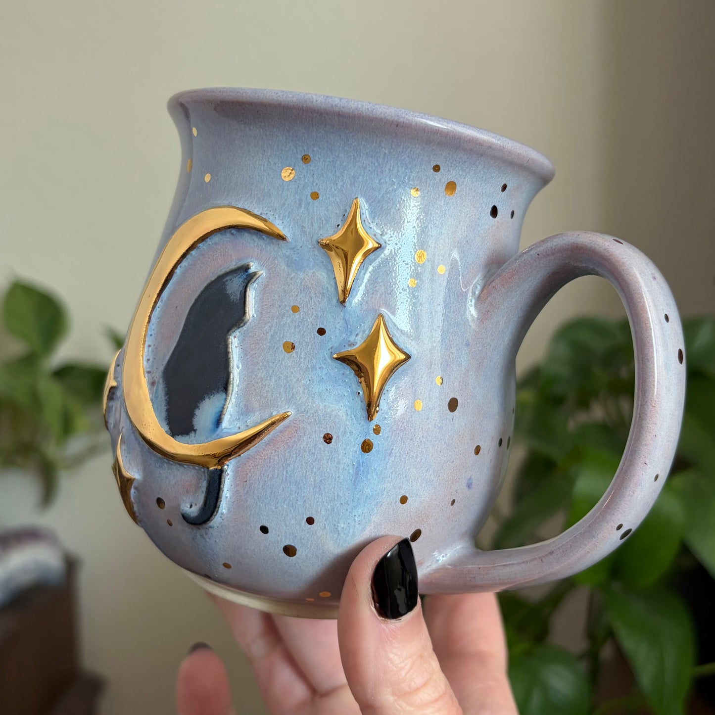 Cat in the Moon + Stars Mug • Lavender Haze Glaze • 15 fl oz
