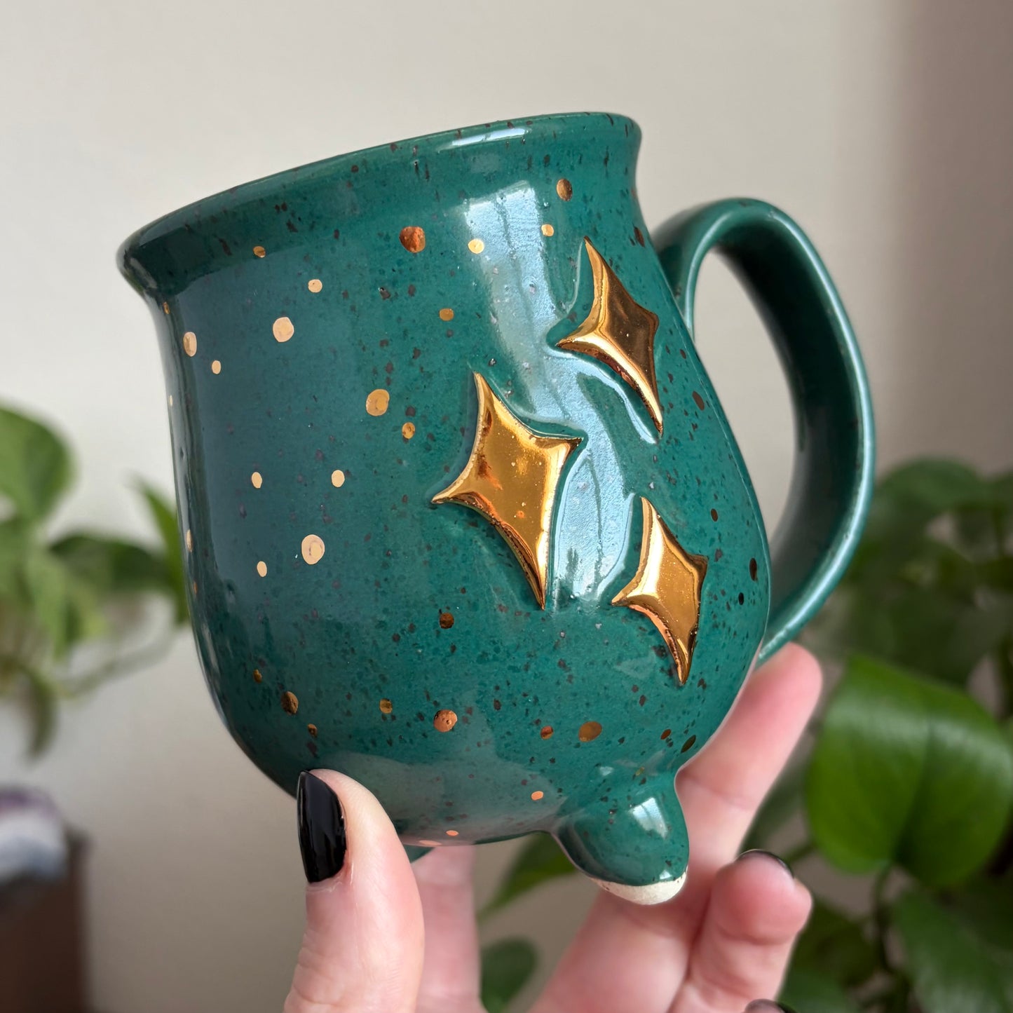 Butterfly + Stars Double Sided Cauldron Mug • Emerald Glaze • 12 fl oz