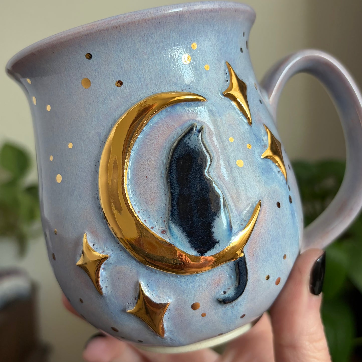 Cat in the Moon + Stars Mug • Lavender Haze Glaze • 15 fl oz