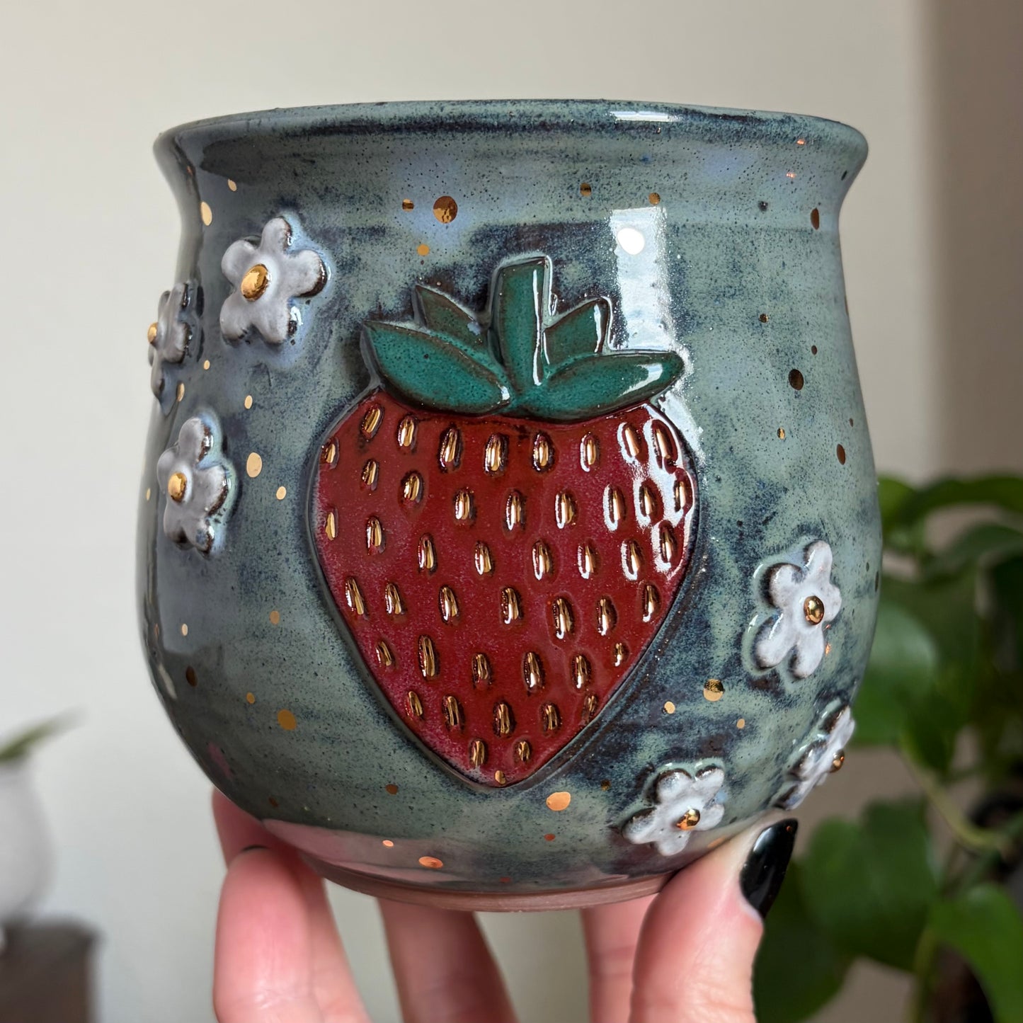 Strawberry + Flowers Medium Planter • Moody Blue Glaze • Drainage