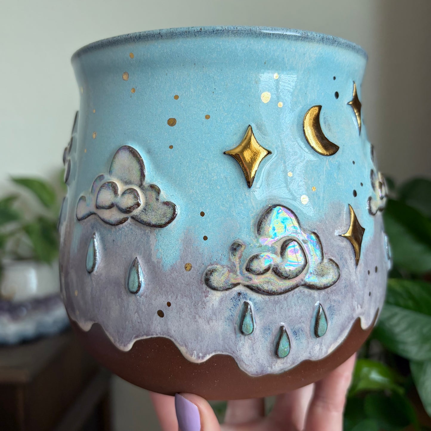 Hummingbird + Rain Clouds Wrap Around Design Large Planter • Drippy Cotton Candy Sky Glaze • Drainage