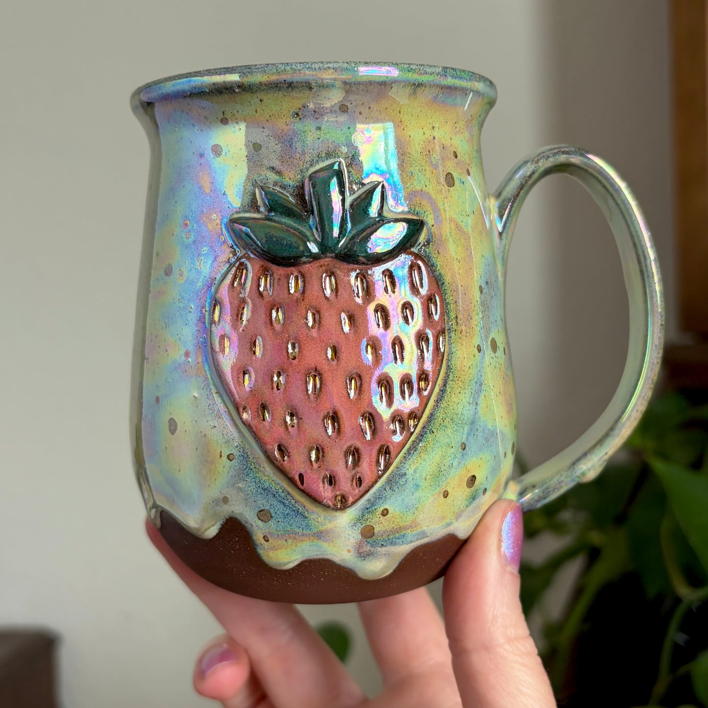 Pink Strawberry Mug • Drippy Aura Meadow Glaze • 15 fl oz