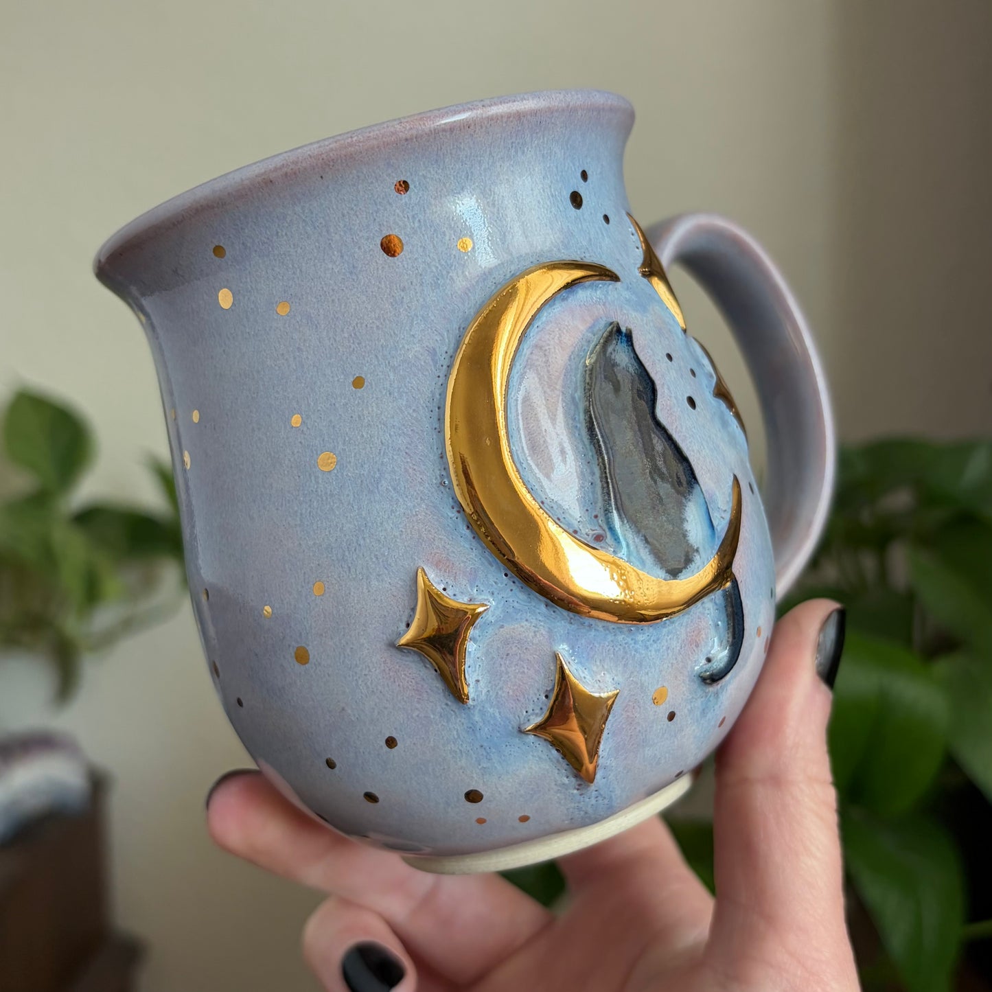 Cat in the Moon + Stars Mug • Lavender Haze Glaze • 15 fl oz