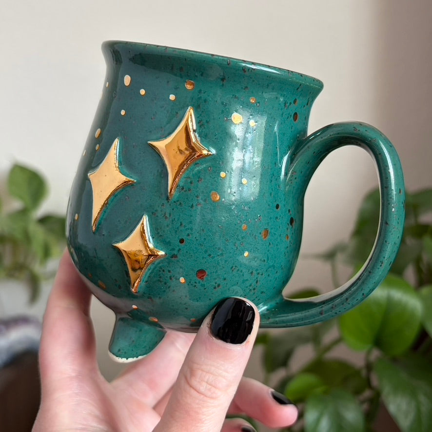 Butterfly + Stars Double Sided Cauldron Mug • Emerald Glaze • 12 fl oz